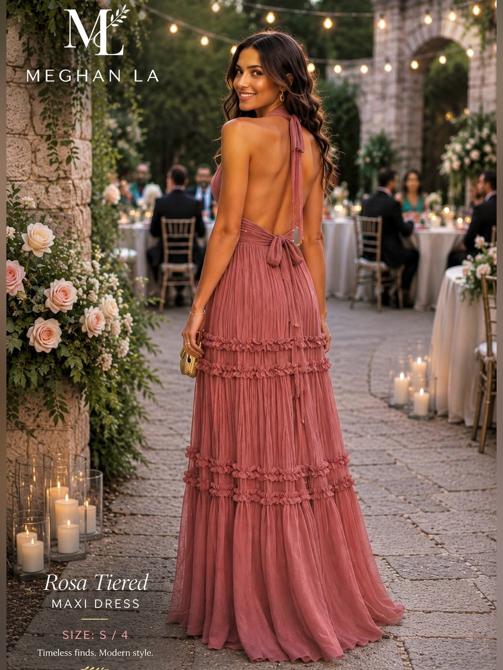 Meghan LA Rosa Tiered Dress Dusty Rose Crinkle Chiffon Boho Romantic Size 4/S - Picture 2 of 10